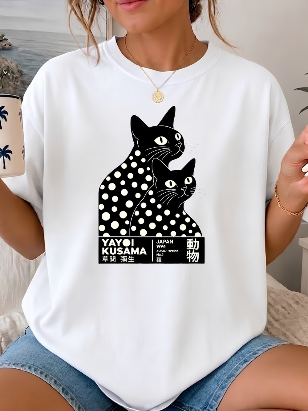 Gildan White Yayoi Kusama Cat Shirt, Polka Dot Tee, Black Cat Lover Gift